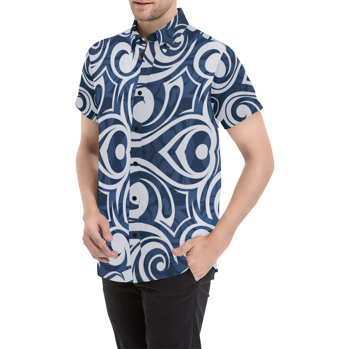 Maori Pattern Print Design 01 Men's Short Sleeve Button Up Shirt