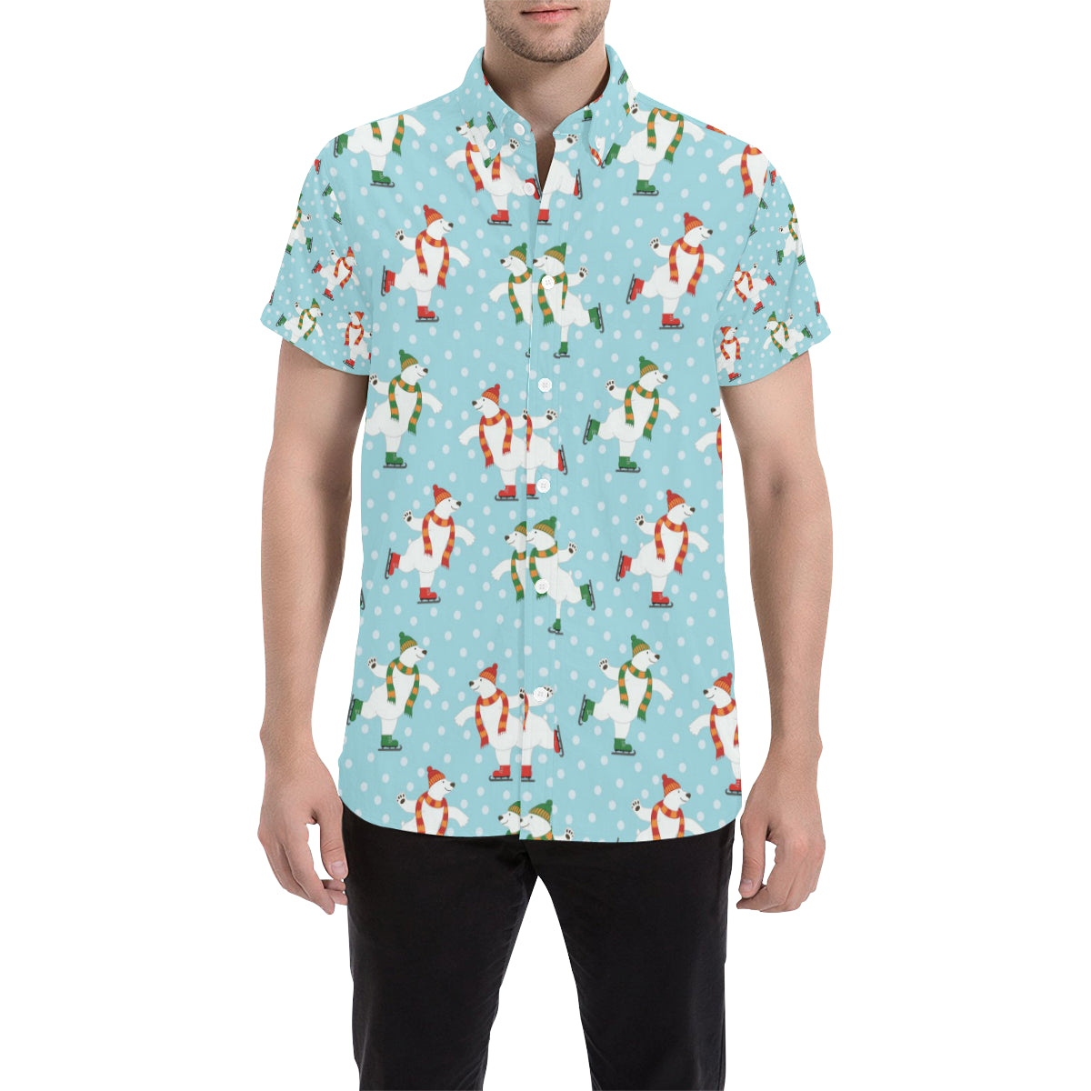 Polar Bear Pattern Print Design PB07 Men's Short Sleeve Button Up Shirt