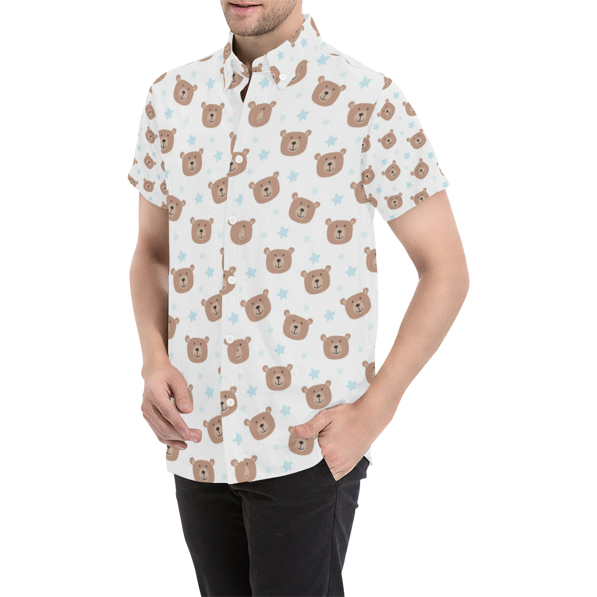Bear Pattern Print Design BE02 Men's Short Sleeve Button Up Shirt