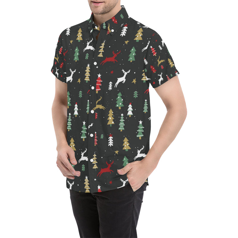 Christmas Tree Deer Style Pattern Print Design 03 Men's Short Sleeve Button Up Shirt