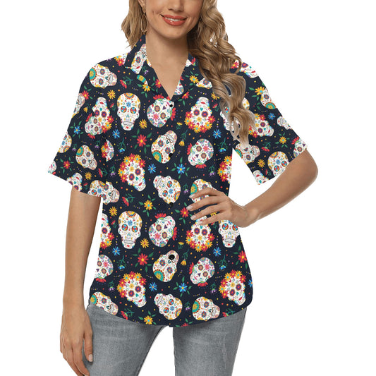 Sugar Skull Print Design LKS305 Women's Hawaiian Shirt