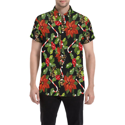 Poinsettia Pattern Print Design POT01 Men's Short Sleeve Button Up Shirt