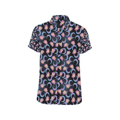 Lotus with Moon Pink Print Themed Men's Short Sleeve Button Up Shirt