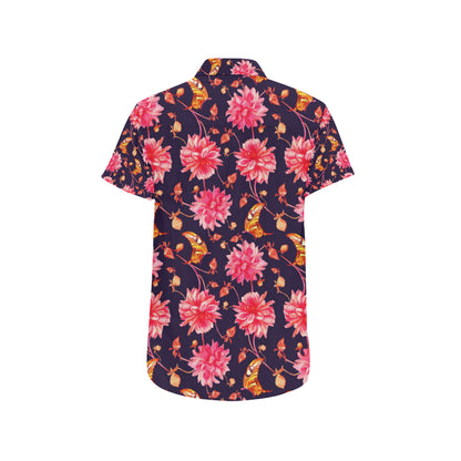 Dahlia Pattern Print Design DH03 Men's Short Sleeve Button Up Shirt