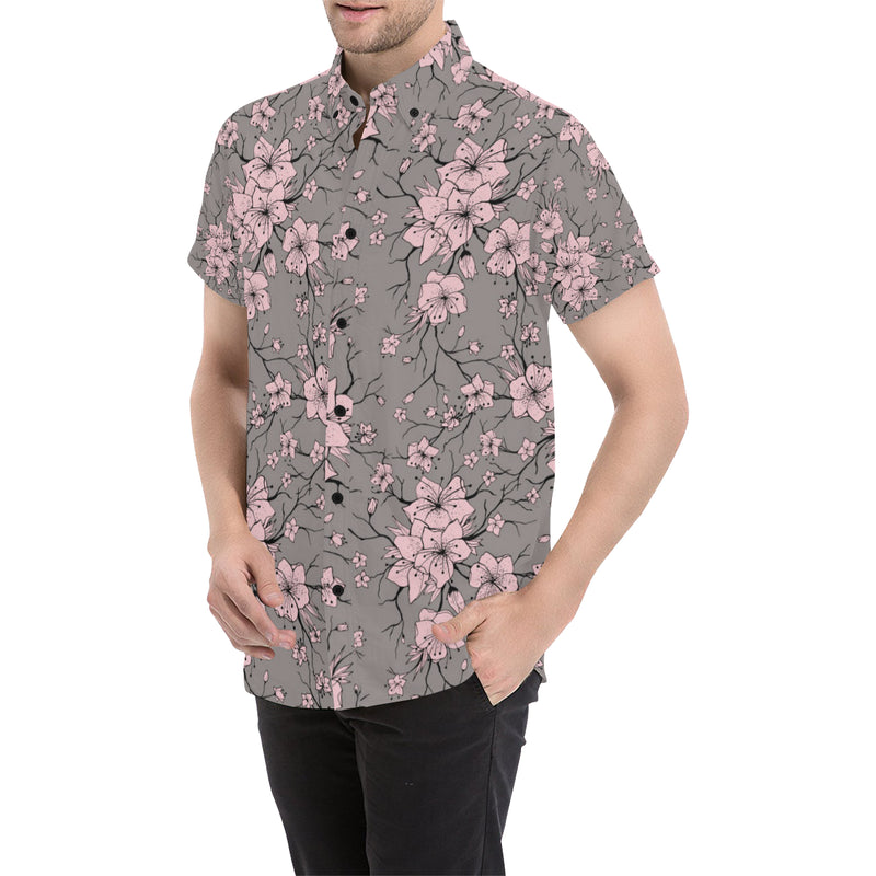 Cherry Blossom Pattern Print Design CB05 Men's Short Sleeve Button Up Shirt