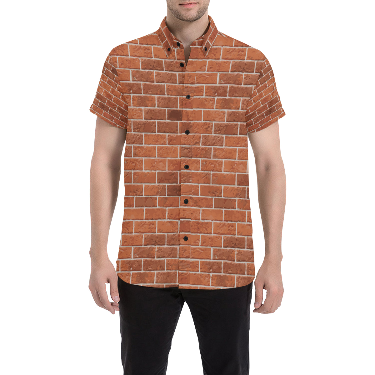 Brick Brown Pattern Print Design 02 Men's Short Sleeve Button Up Shirt