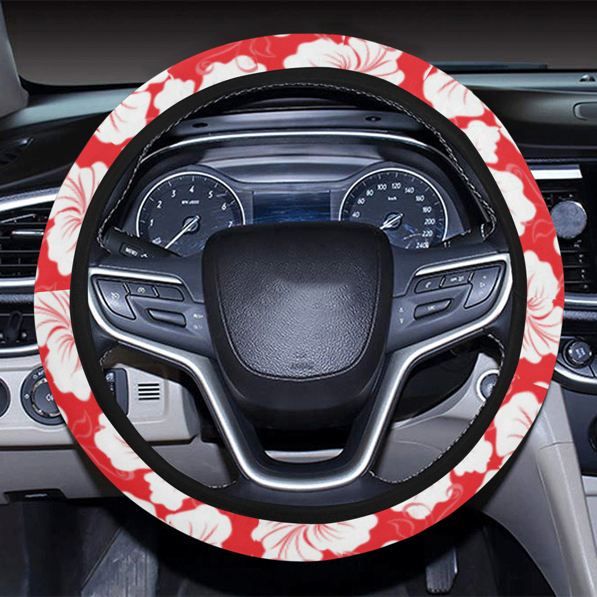Flower Hawaiian Hibiscus Red Background Print Steering Wheel Cover with Elastic Edge