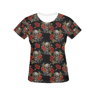 Spider Web Skull Rose Print Design LKS305 Women's  T-shirt