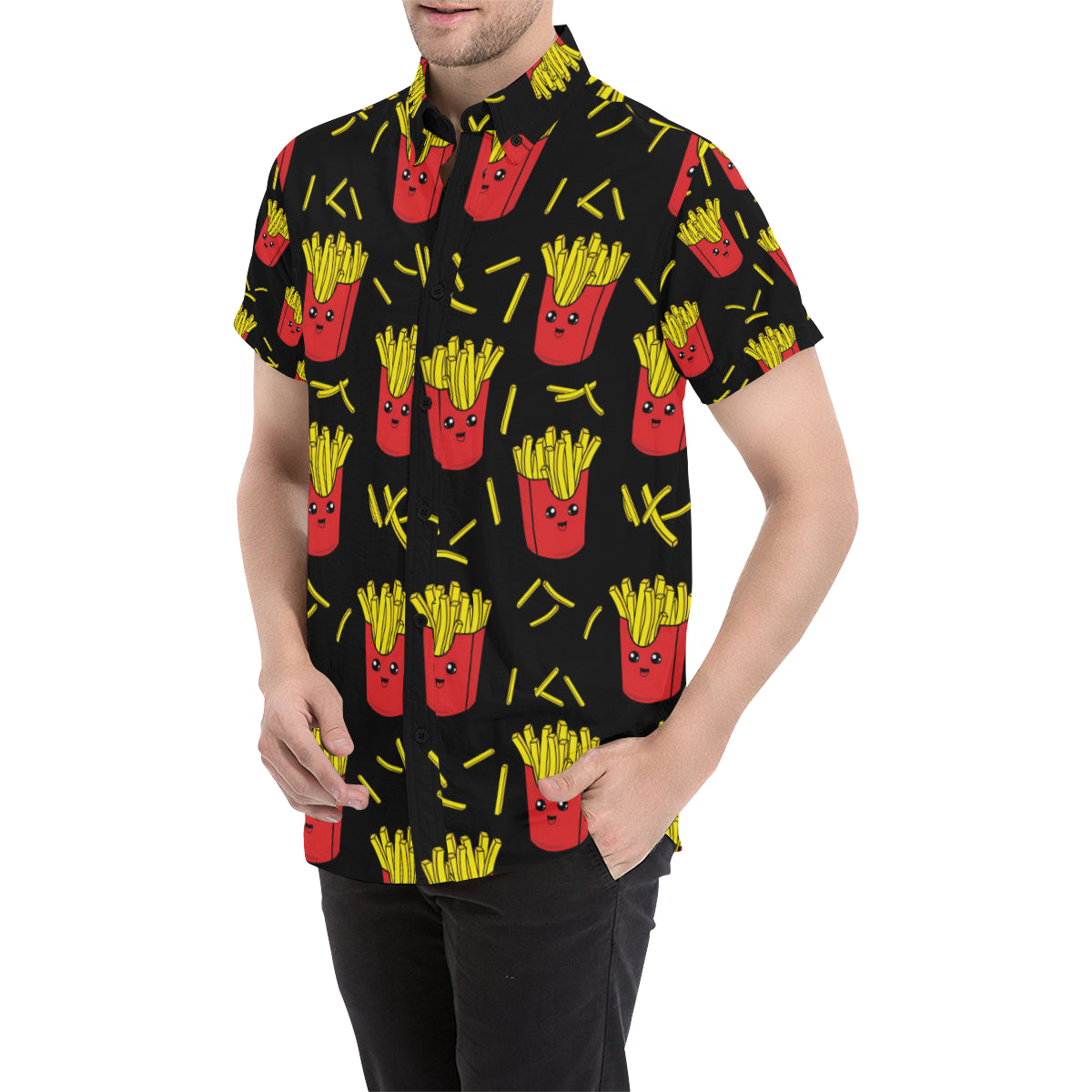 French Fried Pattern Print Design 03 Men's Short Sleeve Button Up Shirt