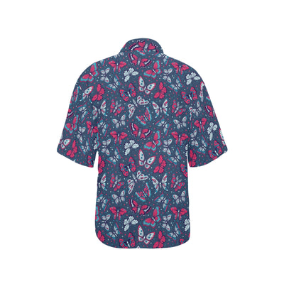 Butterfly Red Deep Blue Print Pattern Women's Hawaiian Shirt