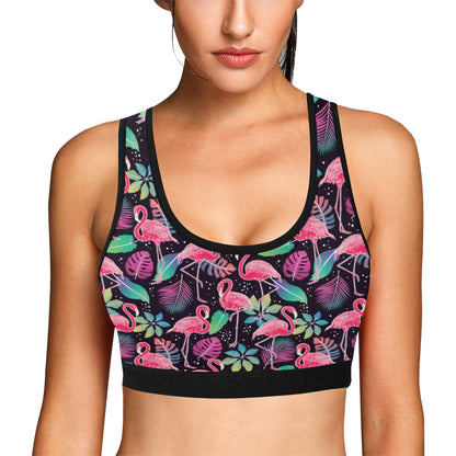 Flamingo Tropical leaves Neon Print Sports Bra