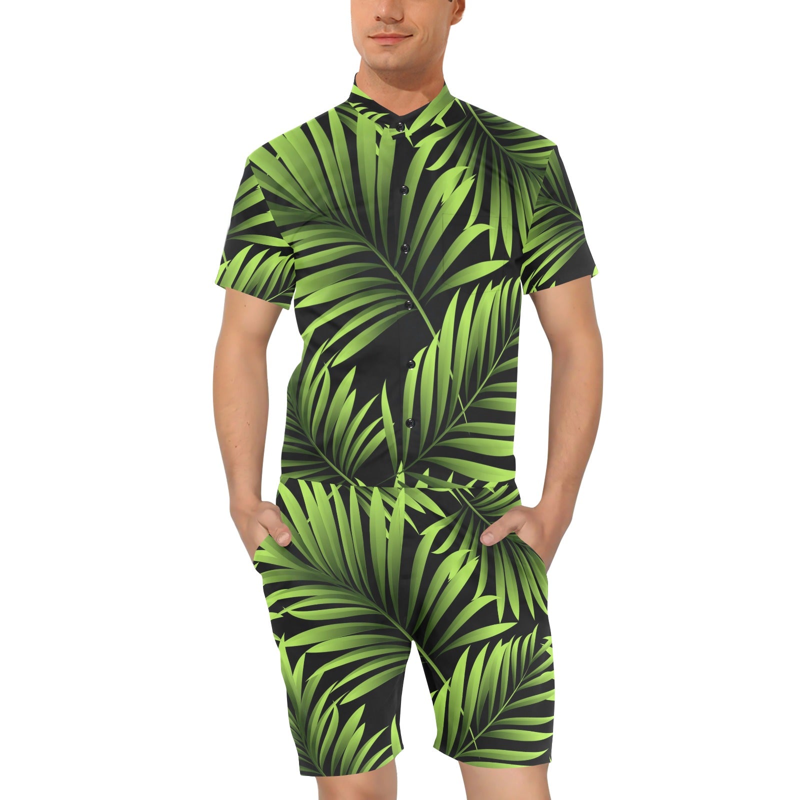 Green Neon Tropical Palm Leaves Men's Romper