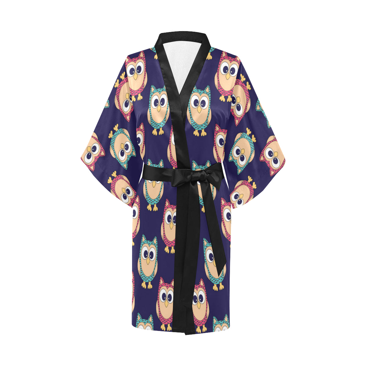 Owl Pattern Print Design A06 Women's Short Kimono