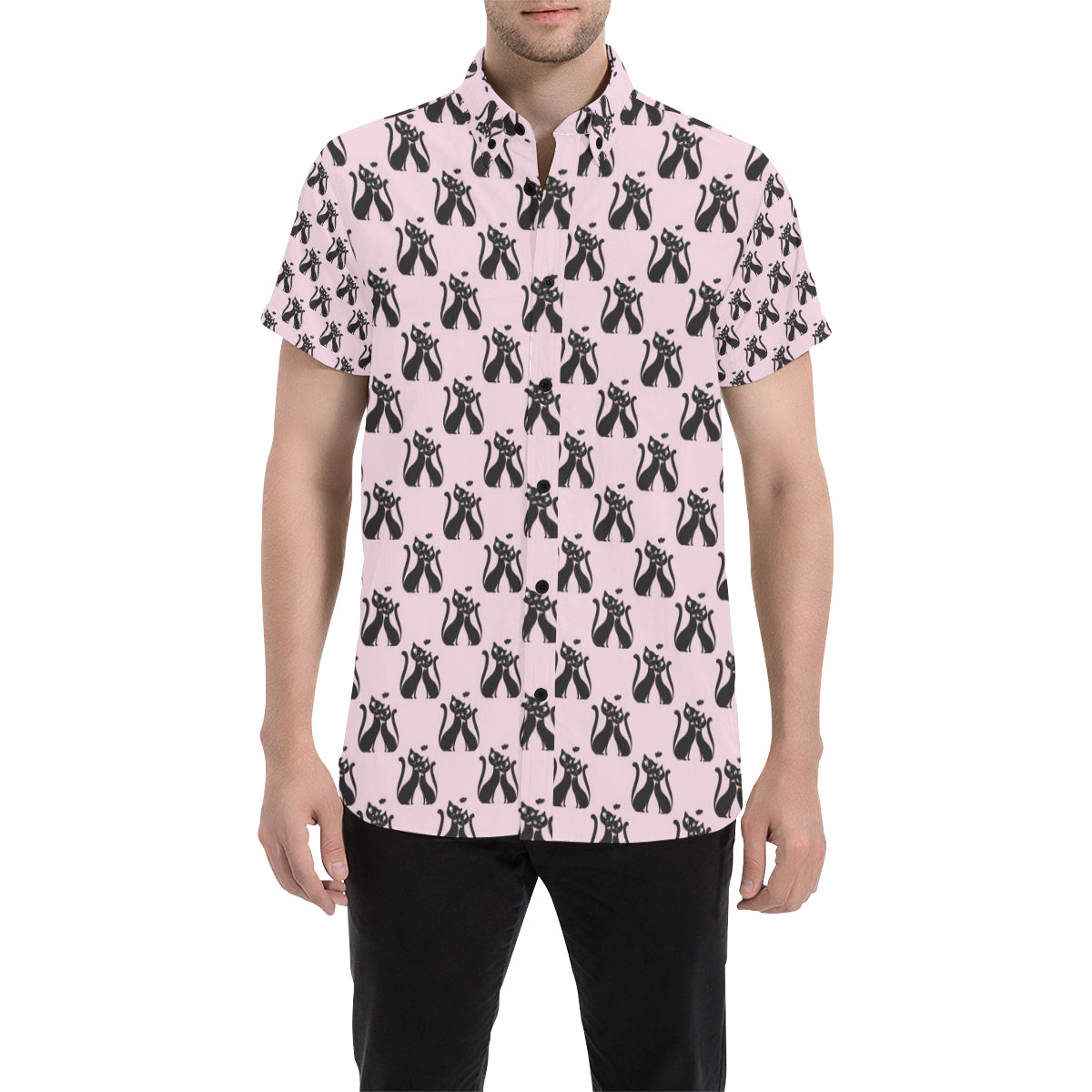 Black Cat Pattern Print Design 01 Men's Short Sleeve Button Up Shirt