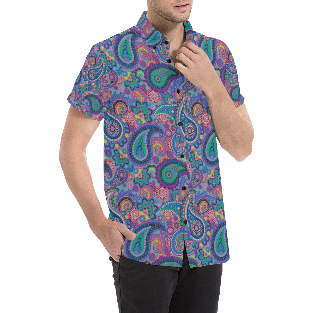 Paisley Colorful Pattern Print Design A02 Men's Short Sleeve Button Up Shirt
