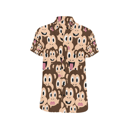Emoji Monkey Print Pattern Men's Short Sleeve Button Up Shirt