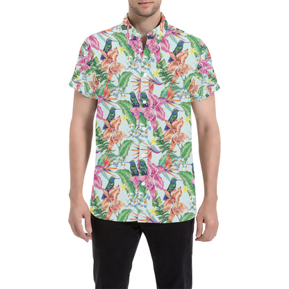 Hummingbird Tropical Pattern Print Design 05 Men's Short Sleeve Button Up Shirt