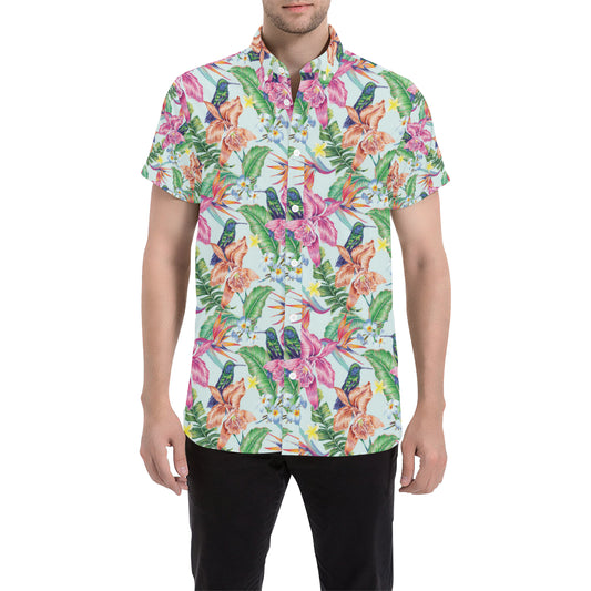 Hummingbird Tropical Pattern Print Design 05 Men's Short Sleeve Button Up Shirt