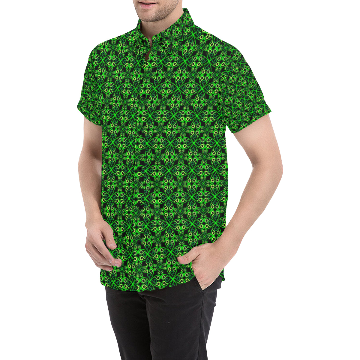 Celtic Green Neon Design Men's Short Sleeve Button Up Shirt