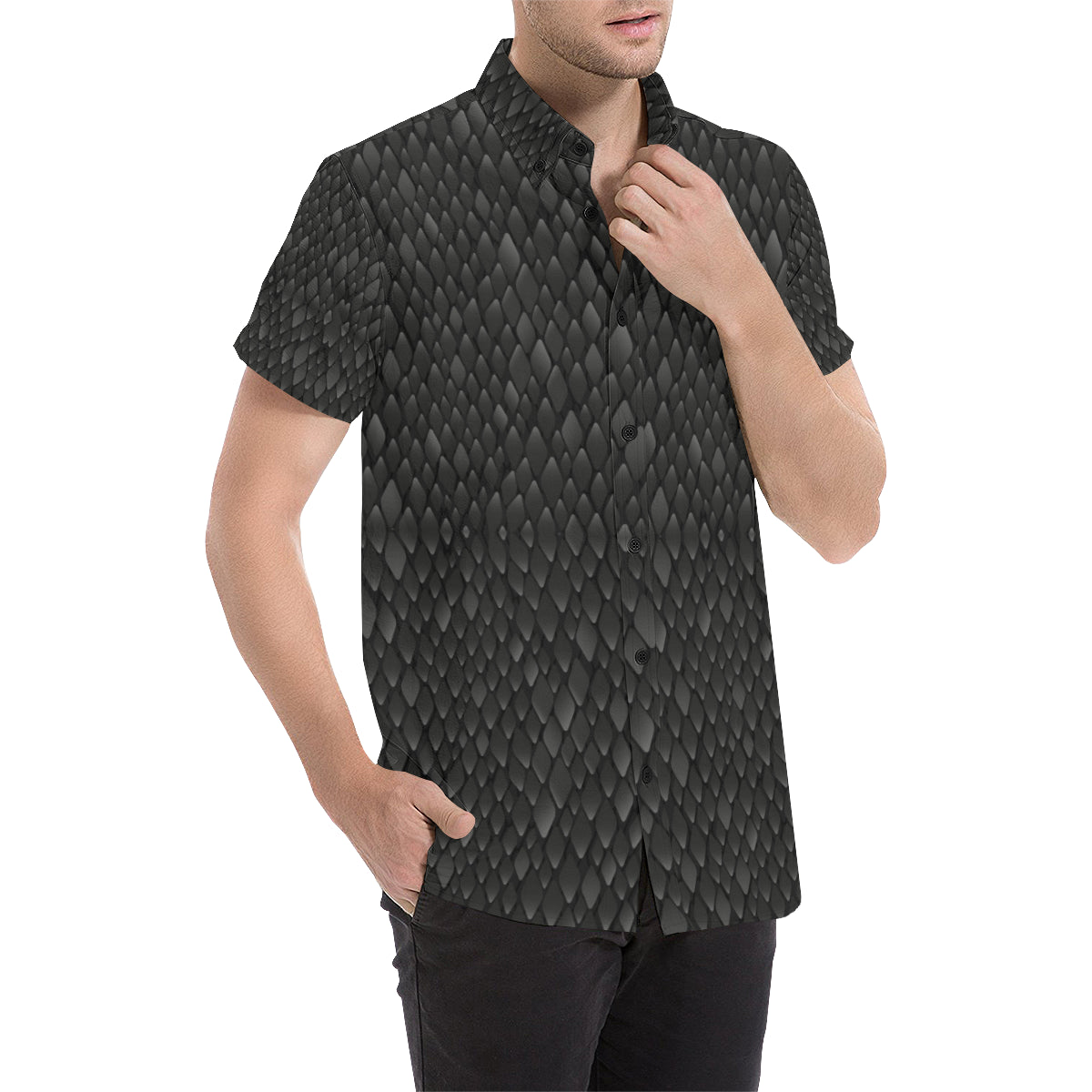 Snake Skin Black Print Men's Short Sleeve Button Up Shirt