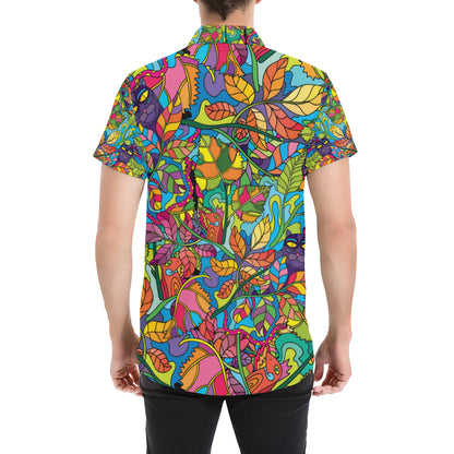 Psychedelic Trippy Flower Print Men's Short Sleeve Button Up Shirt