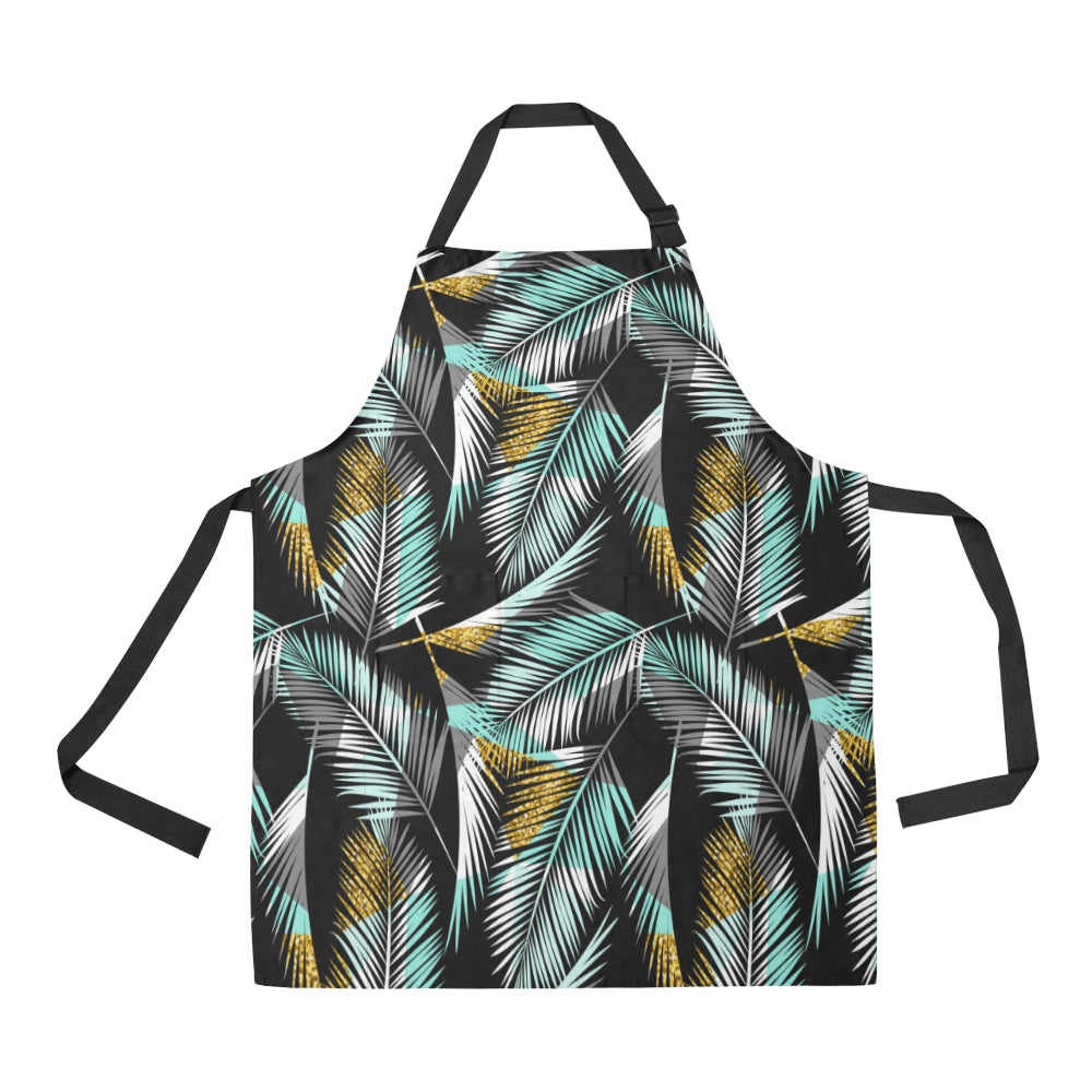 Gold Glitter Cyan Tropical Palm Leaves Apron with Pocket