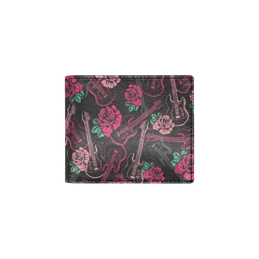 Bass Guitar Pink Rose Pattern Print Design 01 Men's ID Card Wallet