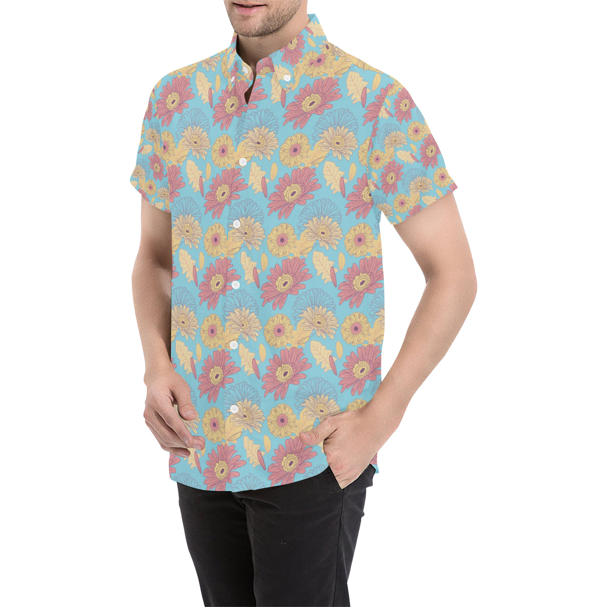 Gerberas Pattern Print Design GB04 Men's Short Sleeve Button Up Shirt