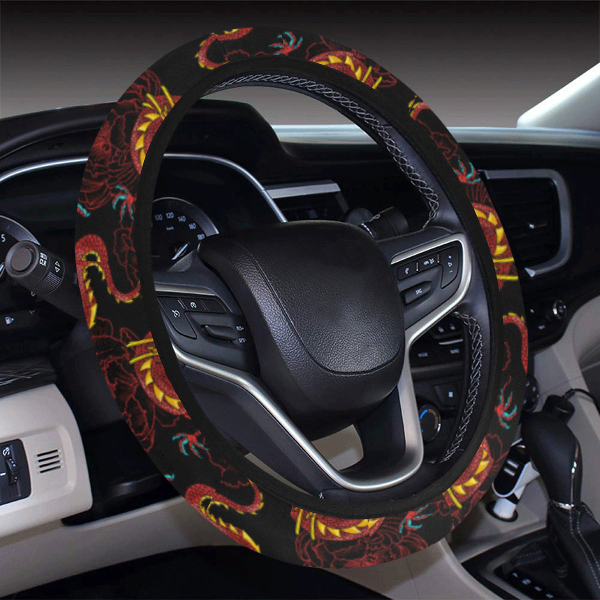 Chinese Dragons and Peonies Design Steering Wheel Cover with Elastic Edge