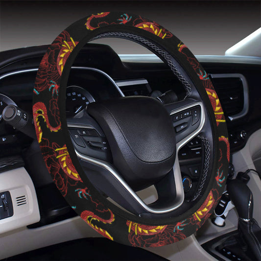 Chinese Dragons and Peonies Design Steering Wheel Cover with Elastic Edge