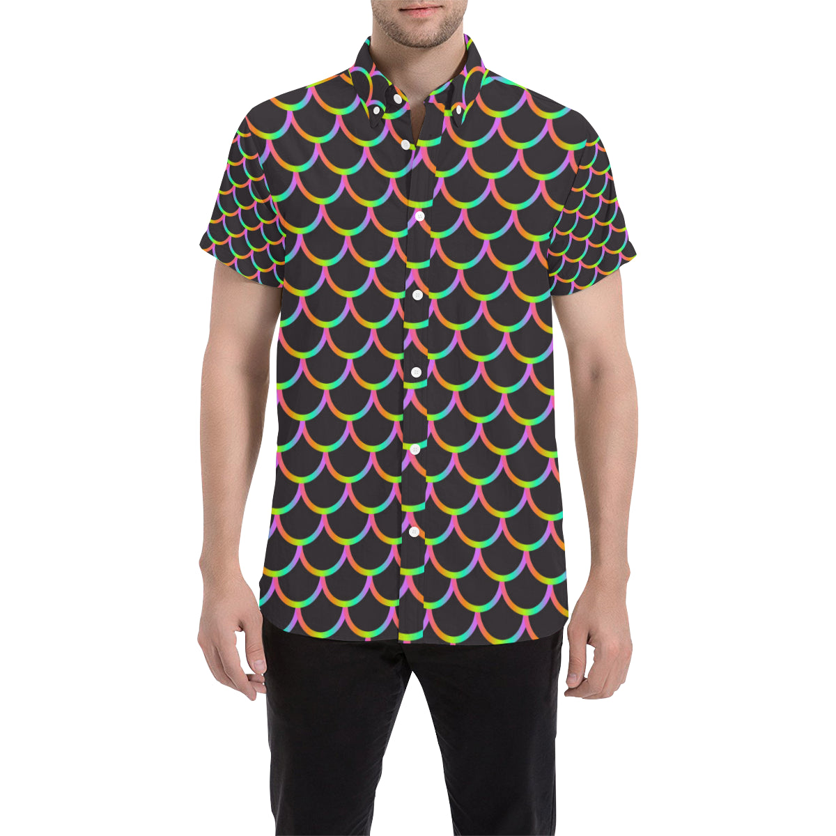 Mermaid Tail Rainbow Design Print Men's Short Sleeve Button Up Shirt