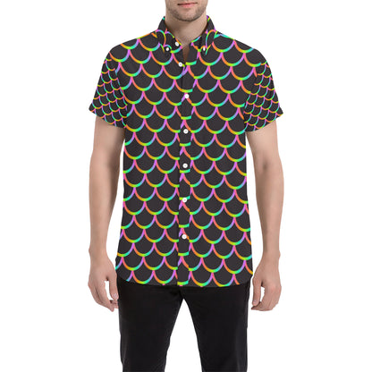 Mermaid Tail Rainbow Design Print Men's Short Sleeve Button Up Shirt