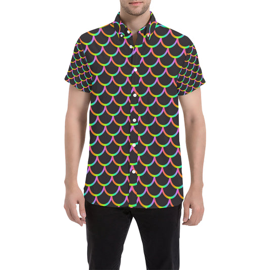 Mermaid Tail Rainbow Design Print Men's Short Sleeve Button Up Shirt