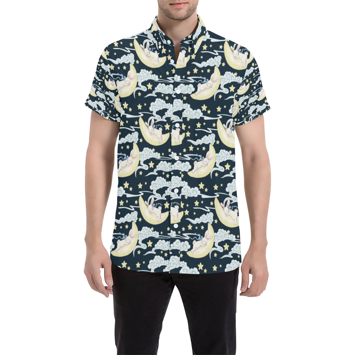 Rabbit Sleeping Pattern Print Design RB08 Men's Short Sleeve Button Up Shirt