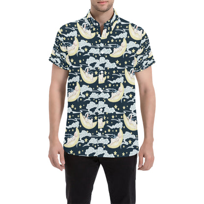 Rabbit Sleeping Pattern Print Design RB08 Men's Short Sleeve Button Up Shirt