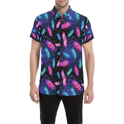 Feather Colorful Boho Design Print Men's Short Sleeve Button Up Shirt