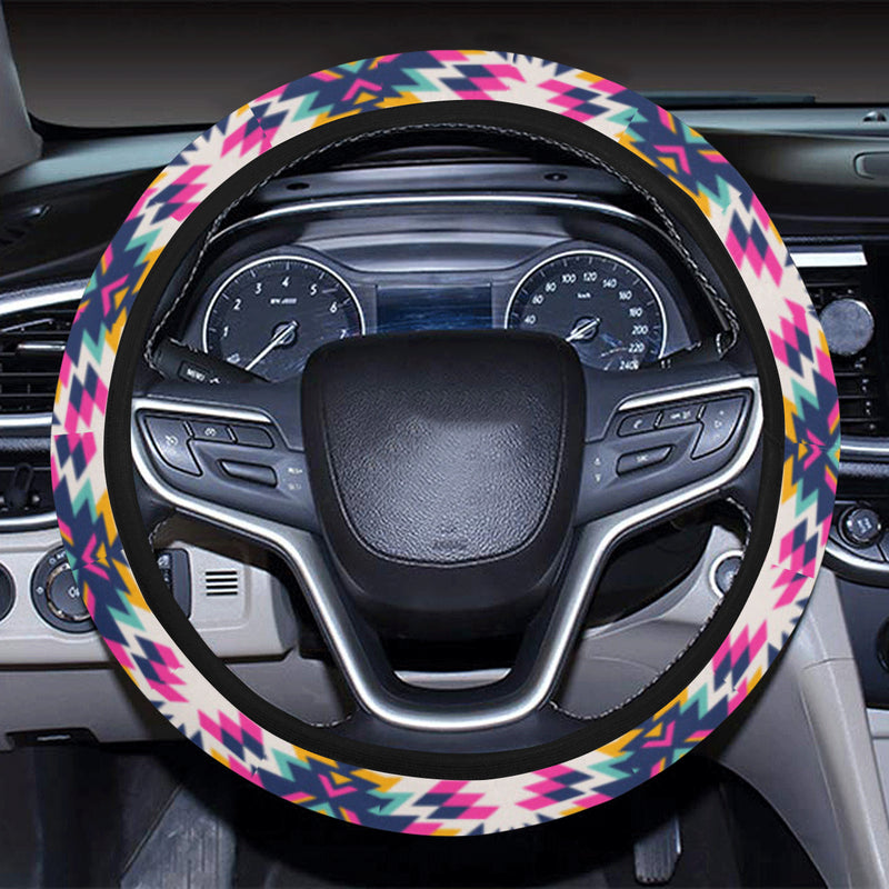 Indian Navajo Neon Themed Design Print Steering Wheel Cover with Elastic Edge