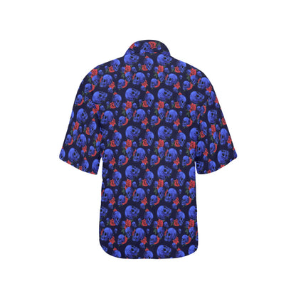Skull Roses Neon Design Themed Print Women's Hawaiian Shirt