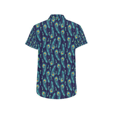 Peacock Feather Blue Design Print Men's Short Sleeve Button Up Shirt