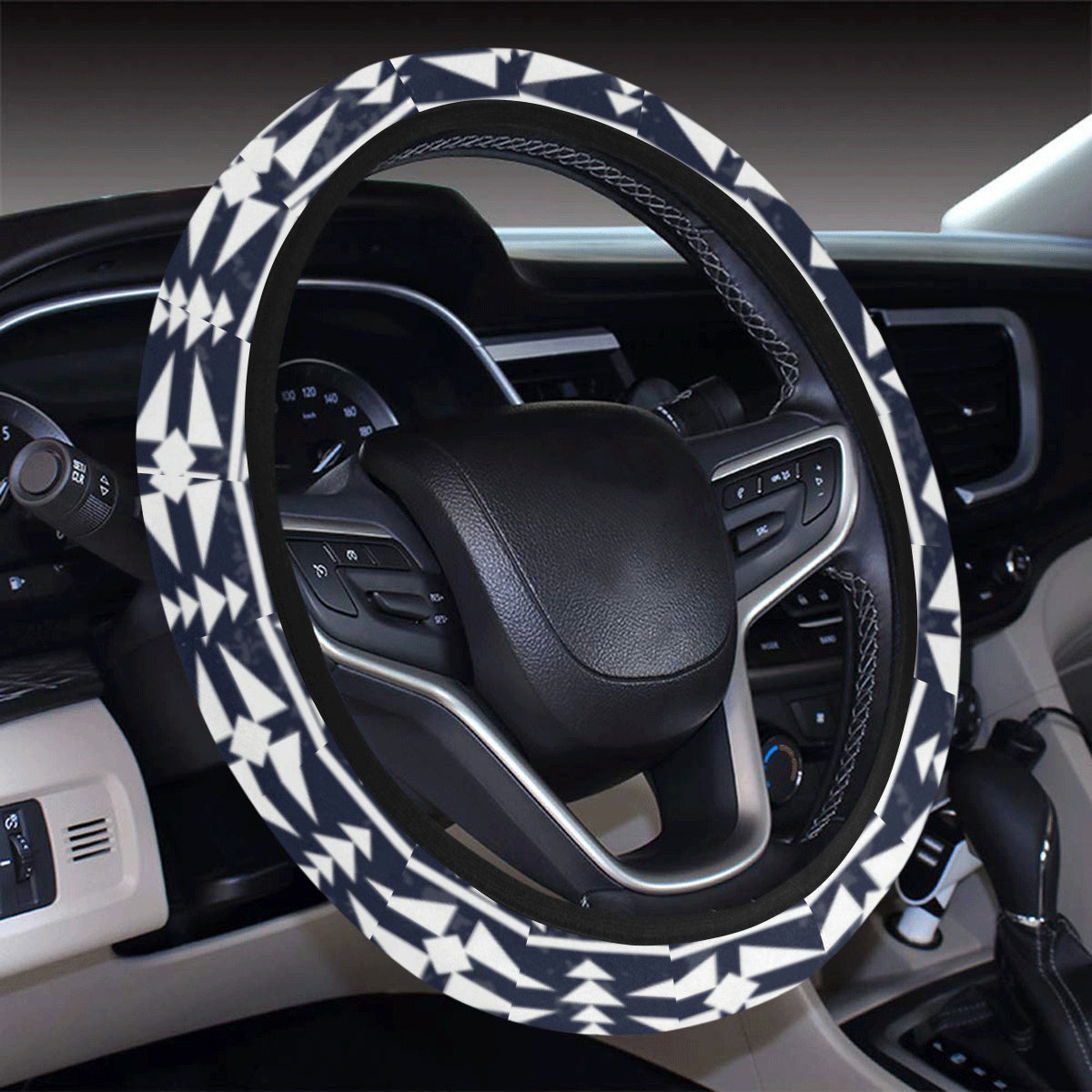 Blue White Tribal Aztec Steering Wheel Cover with Elastic Edge