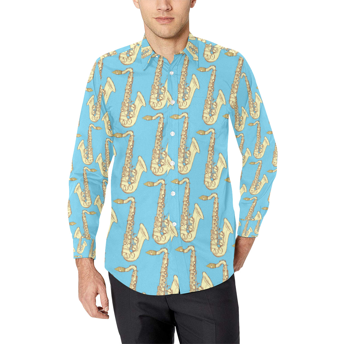 Saxophone Pattern Print Design 03 Men's Long Sleeve Shirt