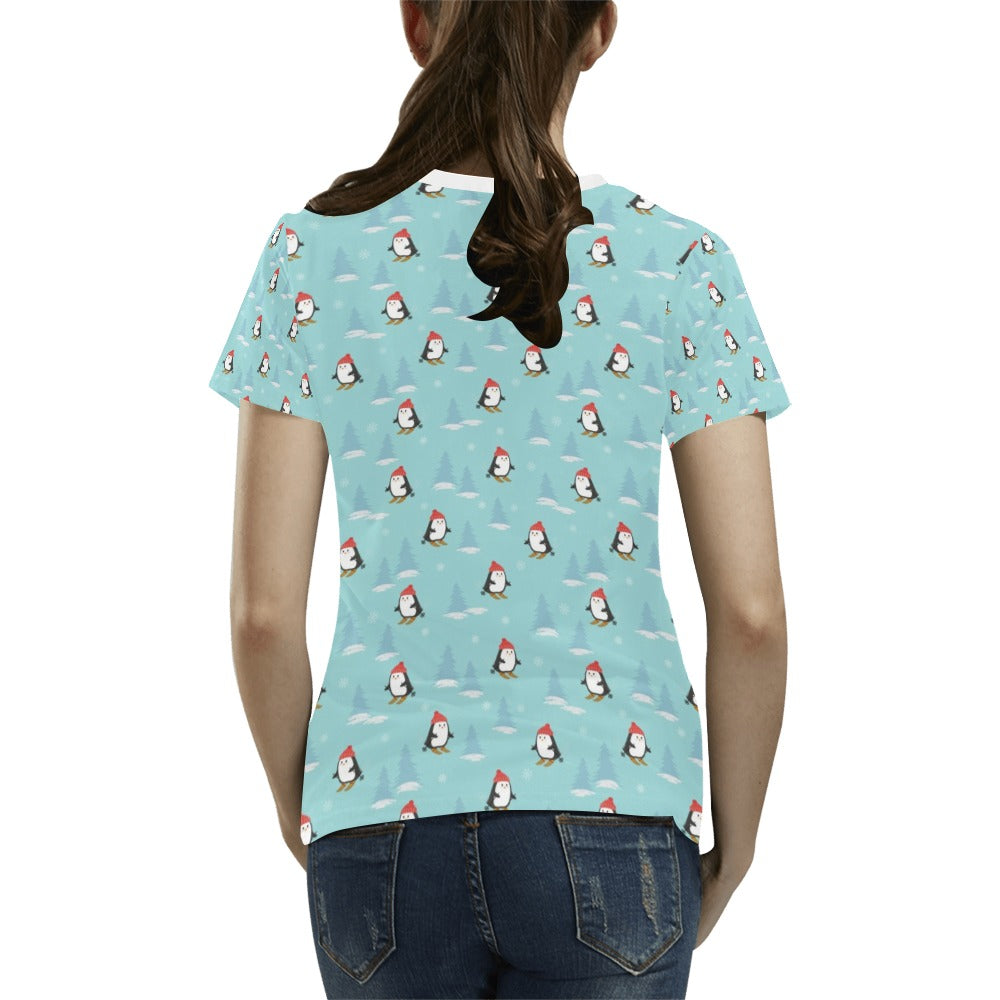 Ski Penguin Print Design LKS304 Women's  T-shirt