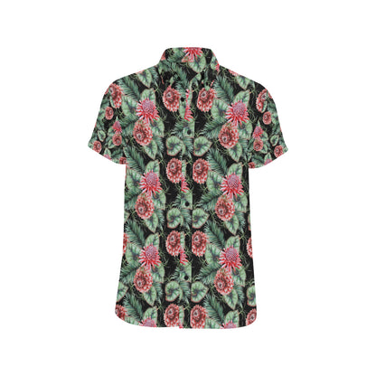 Dahlia Pattern Print Design DH06 Men's Short Sleeve Button Up Shirt