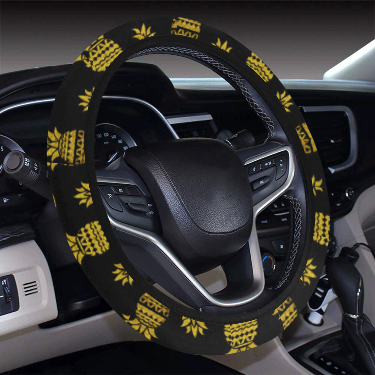 Pineapple Gold Tribal Style Print Steering Wheel Cover with Elastic Edge