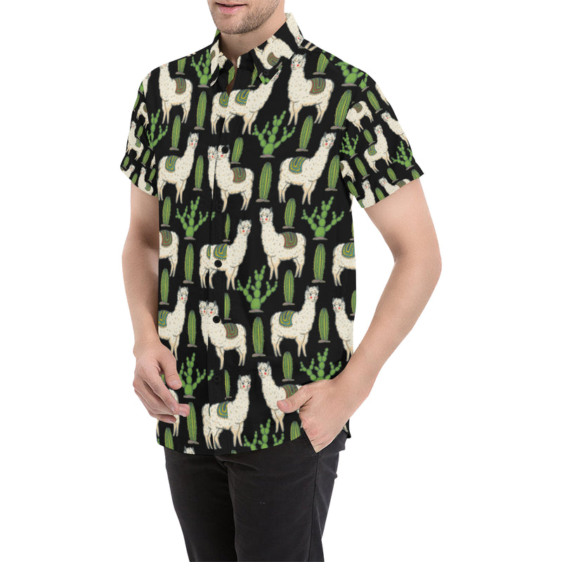 Llama Cactus Pattern Print Design 011 Men's Short Sleeve Button Up Shirt