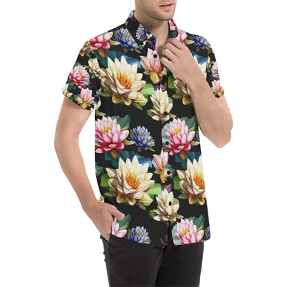 Water Lily Pattern Print Design WL02 Men's Short Sleeve Button Up Shirt
