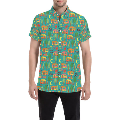 Camping Camper Pattern Print Design 05 Men's Short Sleeve Button Up Shirt