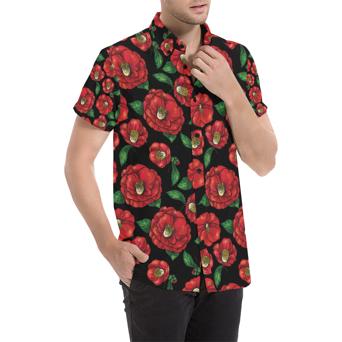 Camellia Pattern Print Design CM07 Men's Short Sleeve Button Up Shirt