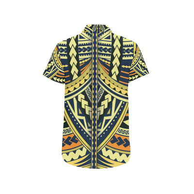 Polynesian Tattoo Print Men's Short Sleeve Button Up Shirt