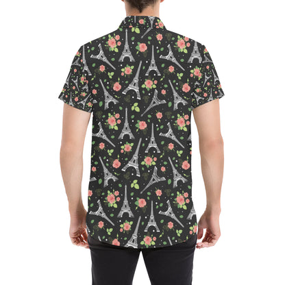 Eiffel Tower Rose Print Men's Short Sleeve Button Up Shirt